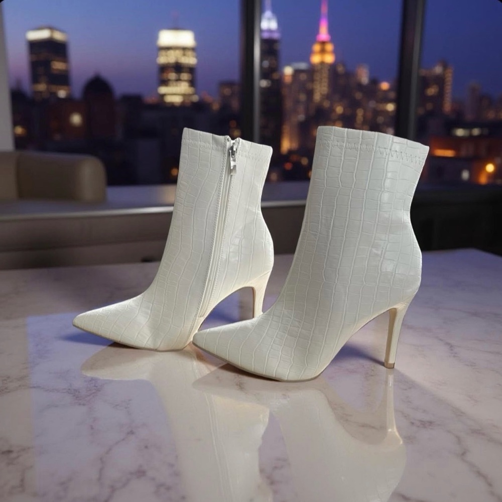 Sleek White Croc-Embossed Heeled Boots